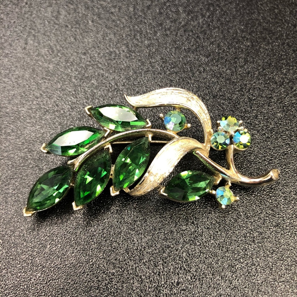 Vintage Lisner Brooch Green Aurora Borealis Brooch